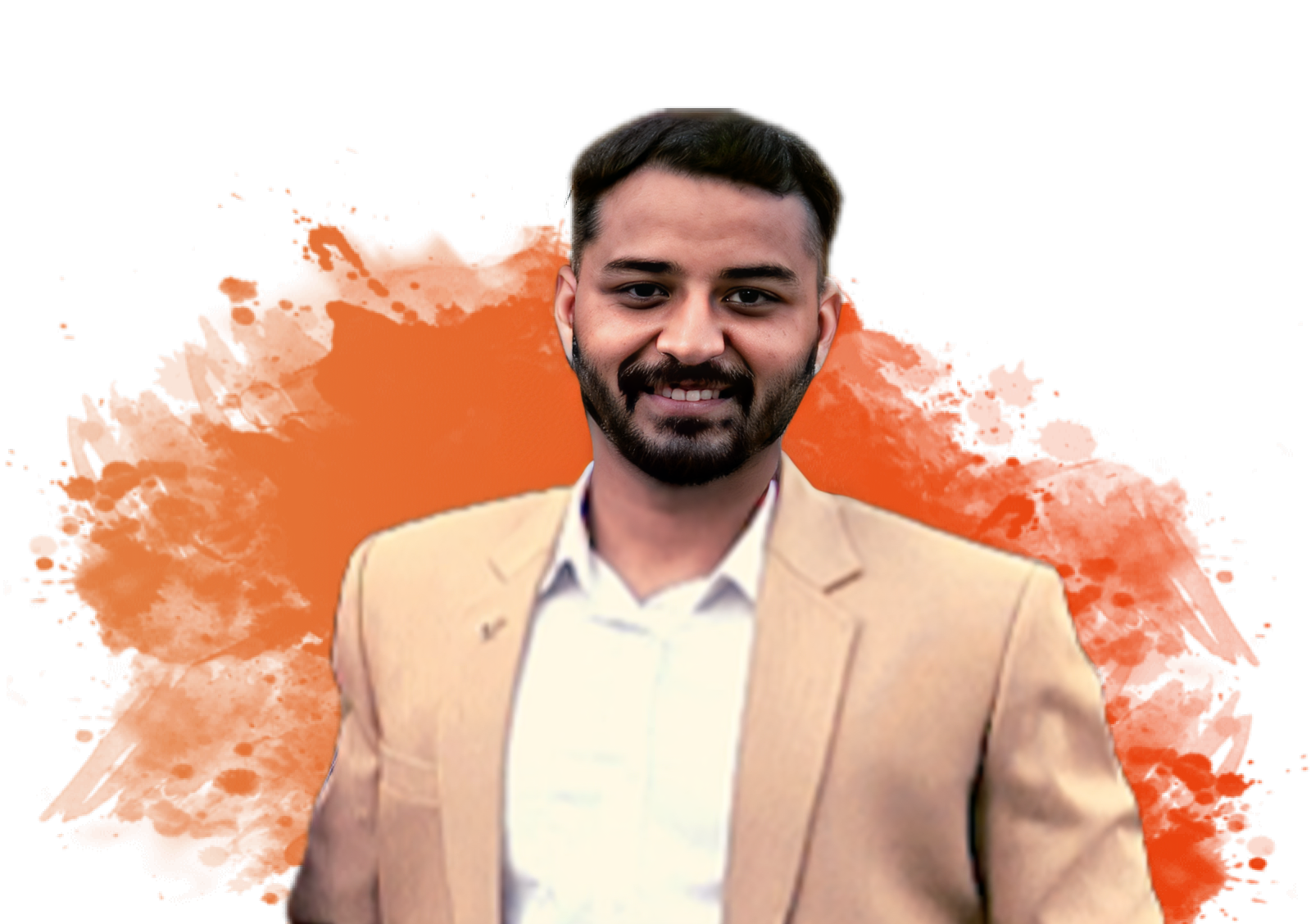 A man in a blue shirt with a happy expression